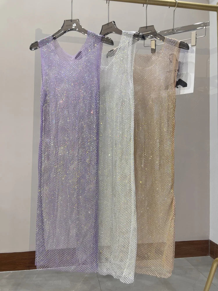 Rhinestone Mesh Midi Dress for Sexy Party and Clubwear