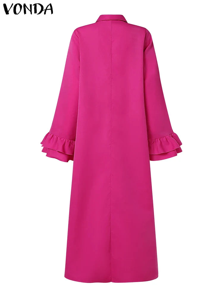 Bohemian Maxi Shirt Dress With Ruffle Pleats Long Sleeve