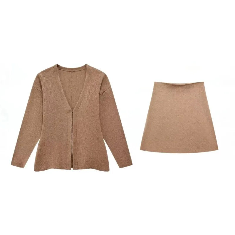 Women's Knit Tailored Cardigan and Skirt Set V-Neck Long Sleeve Jacket with High Waist Elastic A-Line Mini Skirt Stylish Two-Piece Outfit