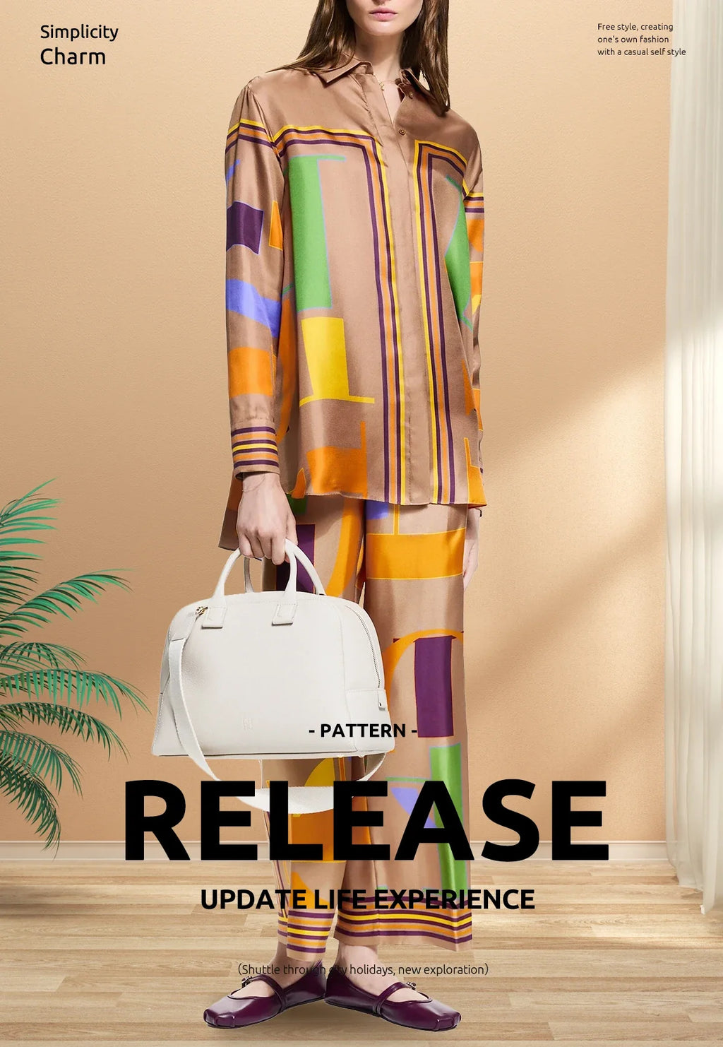 Loose Geometry Print Satin Two-Piece Set for Women with Wide Leg Trousers and Casual Tops