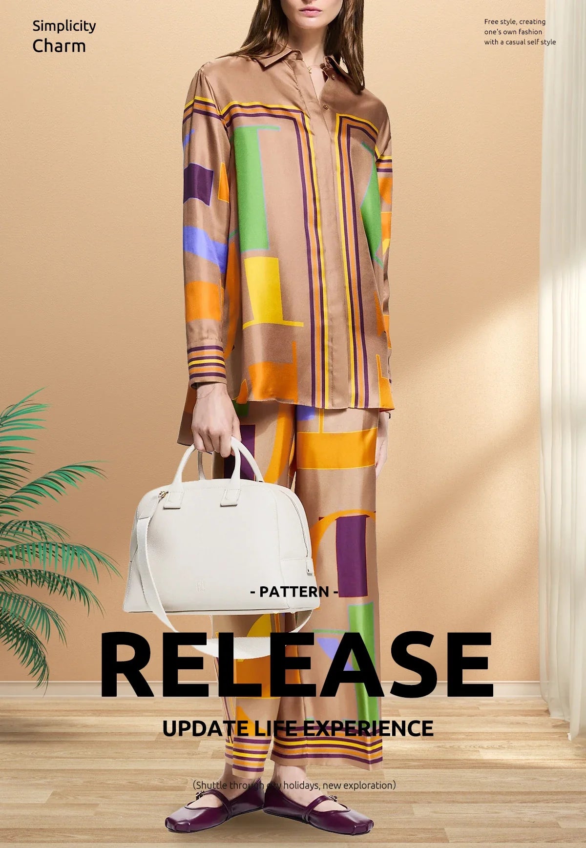 Loose Geometry Print Satin Two-Piece Set for Women with Wide Leg Trousers and Casual Tops