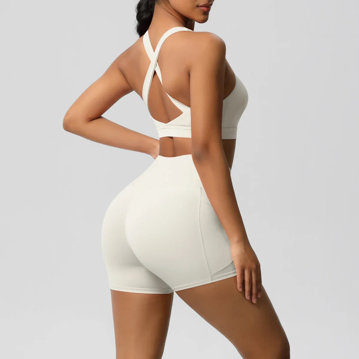 2PCS Pocketed Yoga Set for Women with Crossover Bra and Gym Leggings Workout Tracksuit Sports Shorts Activewear