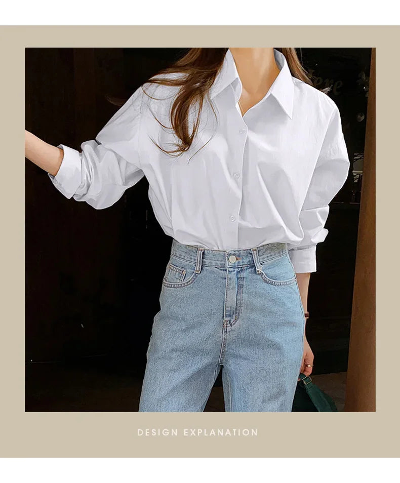 Women's Casual Loose Fit Long Sleeve Lapel Shirt 100 Percent Cotton Pure Color Versatile Layering Top for Spring and Autumn