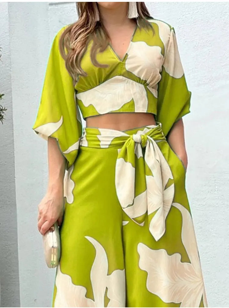 Casual Women's Two Piece Set Featuring V Neck Crop Top and High Waist Wide Leg Pants with Trendy Print for Stylish Autumn Outfits