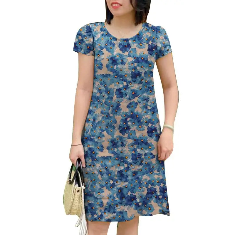 Floral Boho Knee Length Dress With Short Sleeves Blue