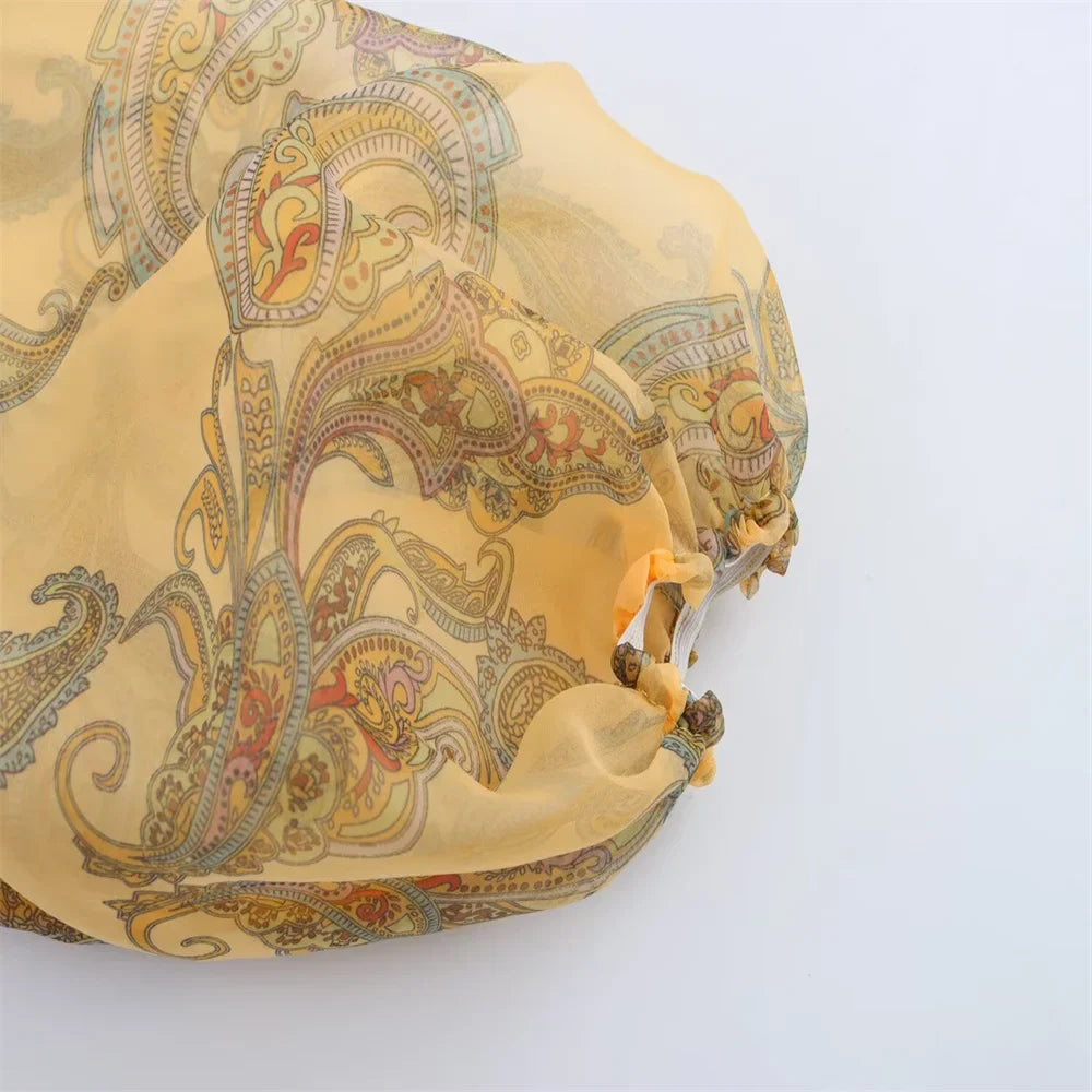 Womens Sheer Chiffon Blouse with High Neckline Puff Long Sleeves and Paisley Print Button Front Design