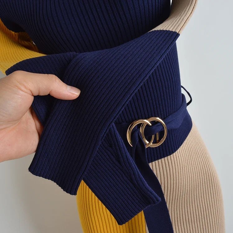 Fall Winter Knit Wrap Dress With Belt Long Sleeve Pencil