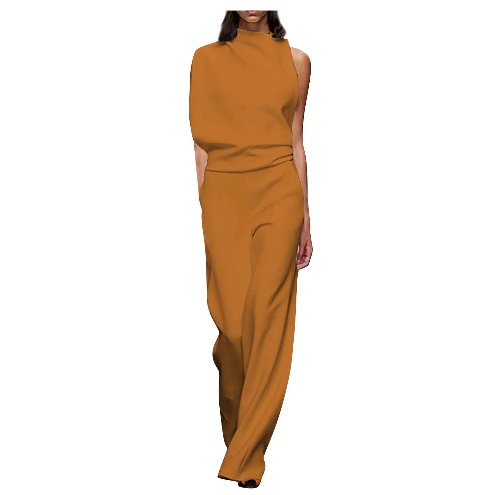 Women Fashion Long Sleeveless Rompers High Neck Wide Leg Overalls Vintage Style Waisted Playsuit Summer Jumpsuit