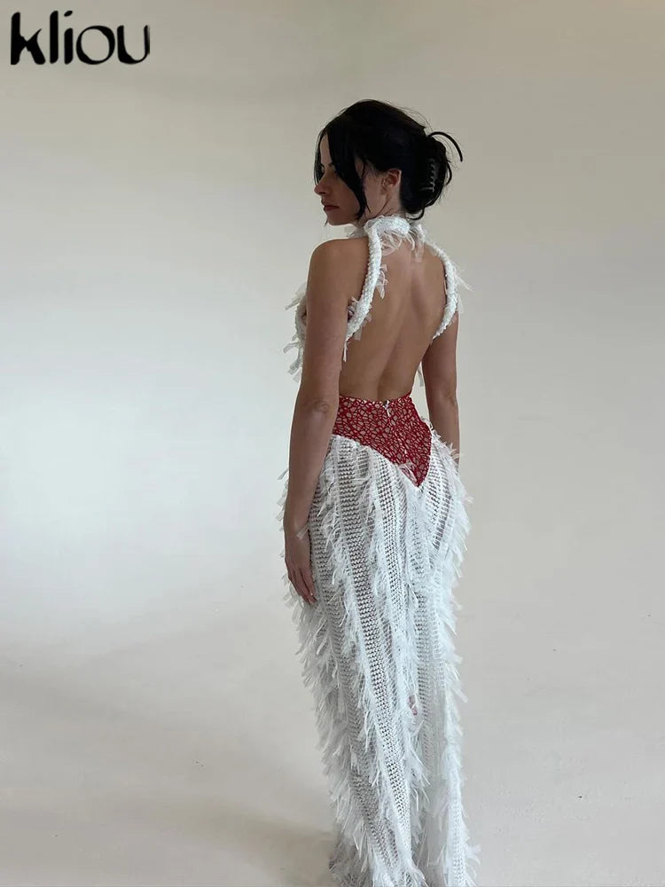 Backless Crochet Maxi Dress With Stand Collar And Pleats