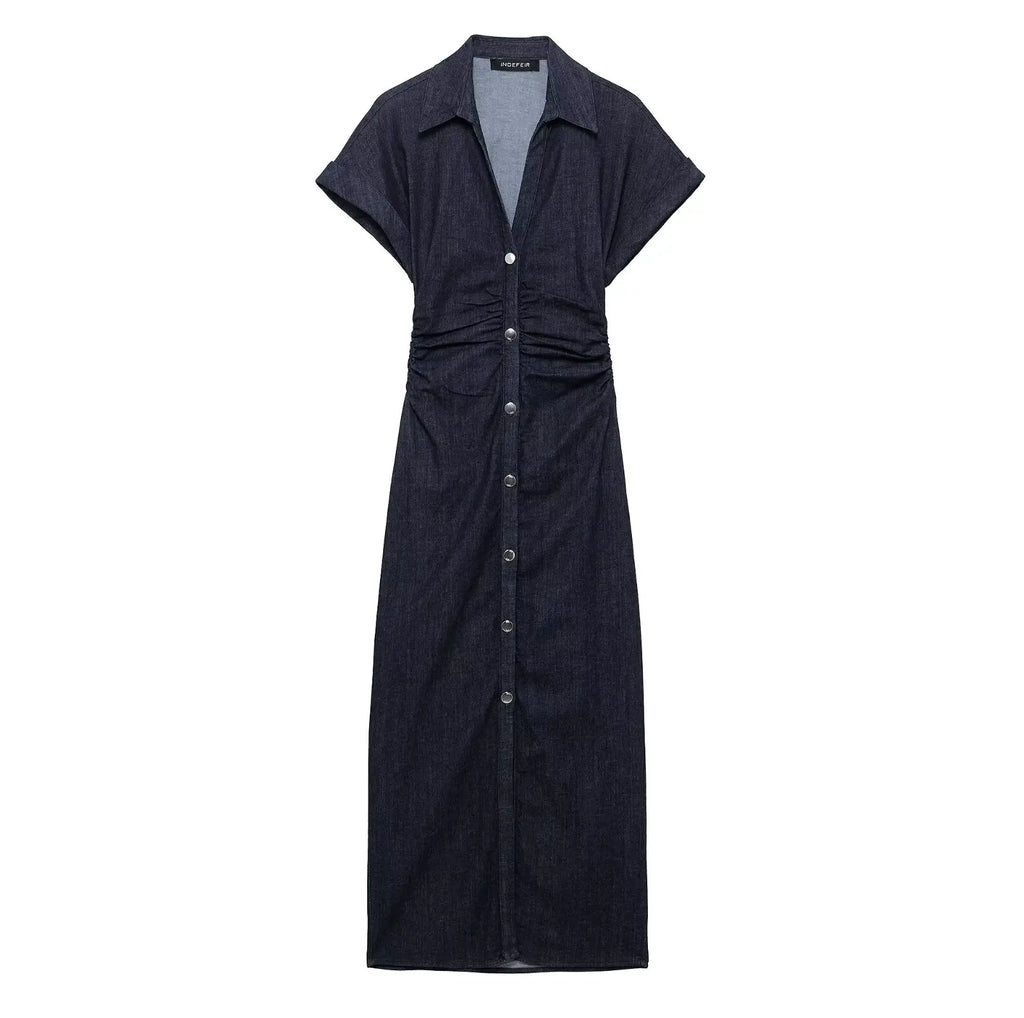 Navy Blue Pleated Denim Midi Dress for Women Short Sleeves