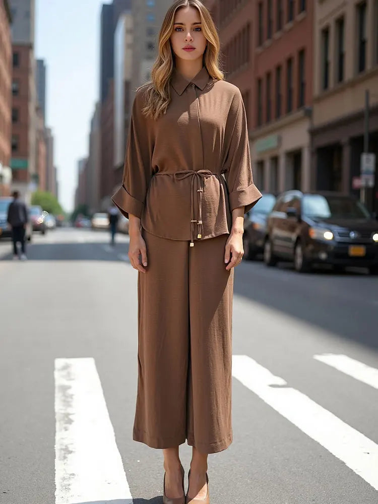 High Waist Casual Trousers and Long Sleeve Shirt Set for Women with Retro Lapel and Drawstring Waist