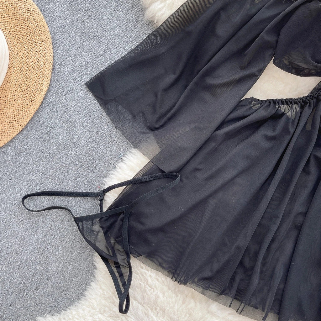 Two Piece See Through Mesh Lingerie Set Hollow Out Dress