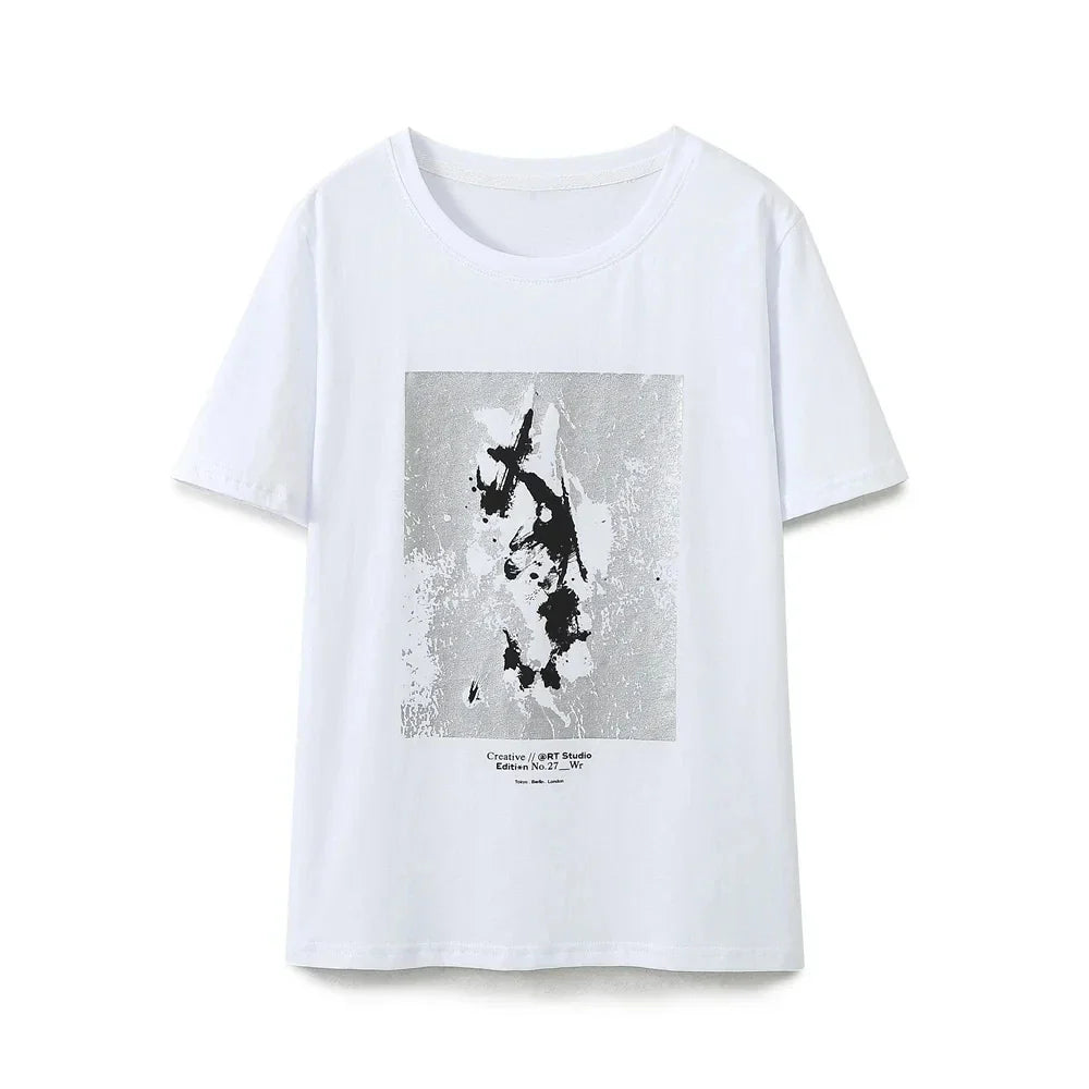 Summer Women's Casual Printed Cotton T-Shirt Comfortable Breathable Short Sleeve Top