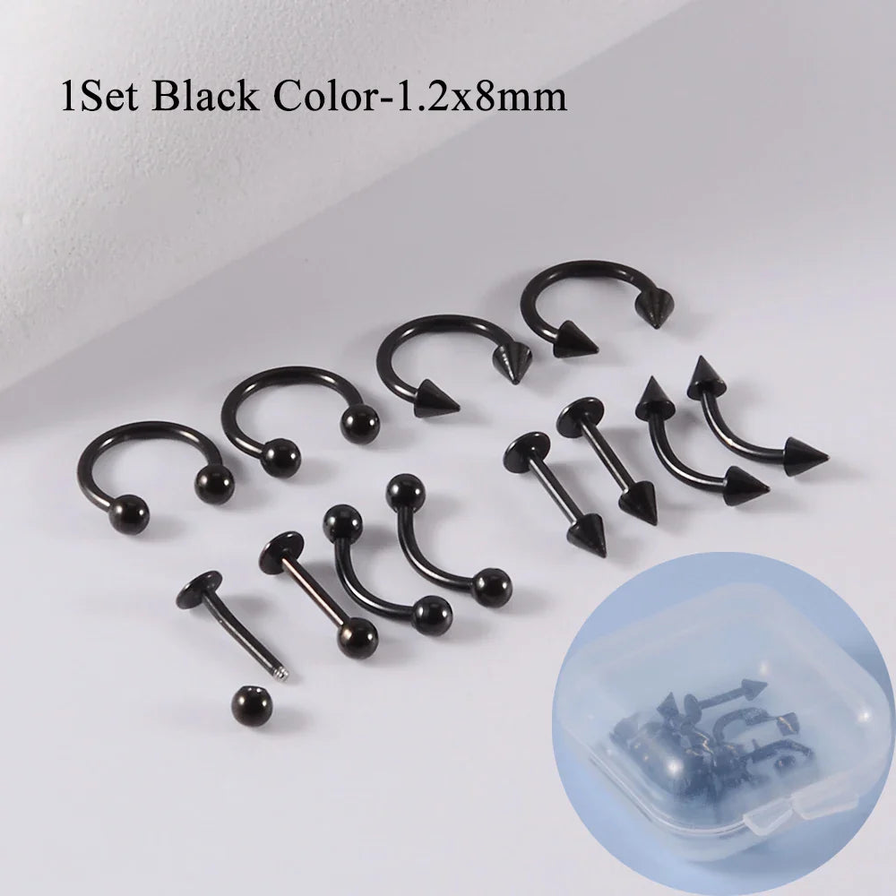12 Piece Surgical Steel Piercing Jewelry Set with Gold Plated Black Rainbow Ear Nose and Eyebrow Labret 8mm