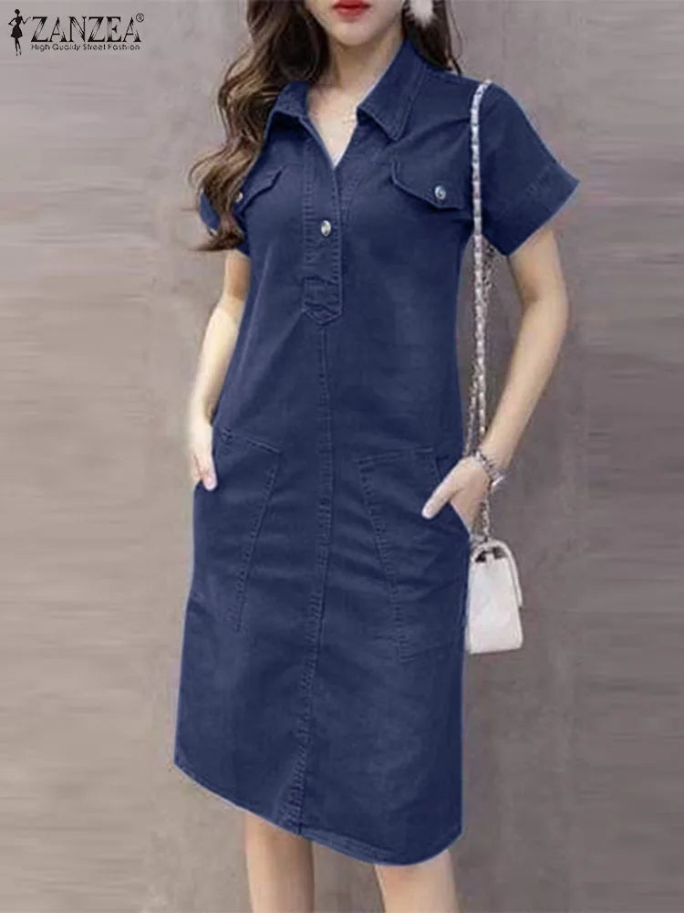 Denim Shirt Dress For Women Short Sleeve Summer Sundress