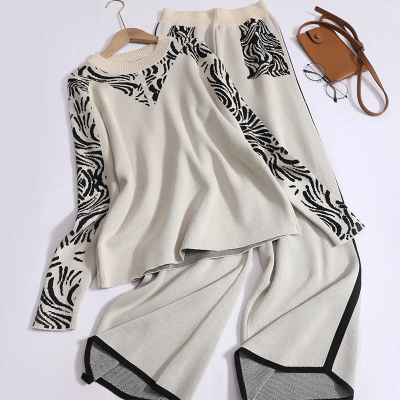 Women Casual Printed Two-Piece Knit Pullover and High Waist Wide Leg Pants Office Suit