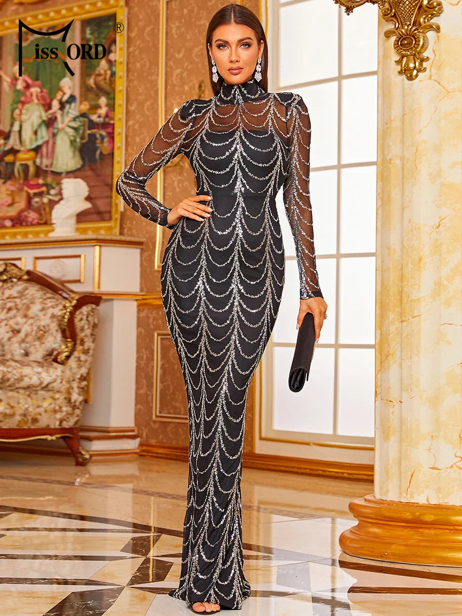 Sequin Maxi Dress Sheer Long Sleeve Evening Gown High Neck