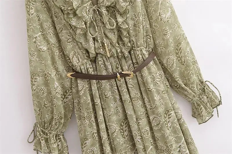 Chiffon Print V Neck Dress For Women Elegant Long Evening