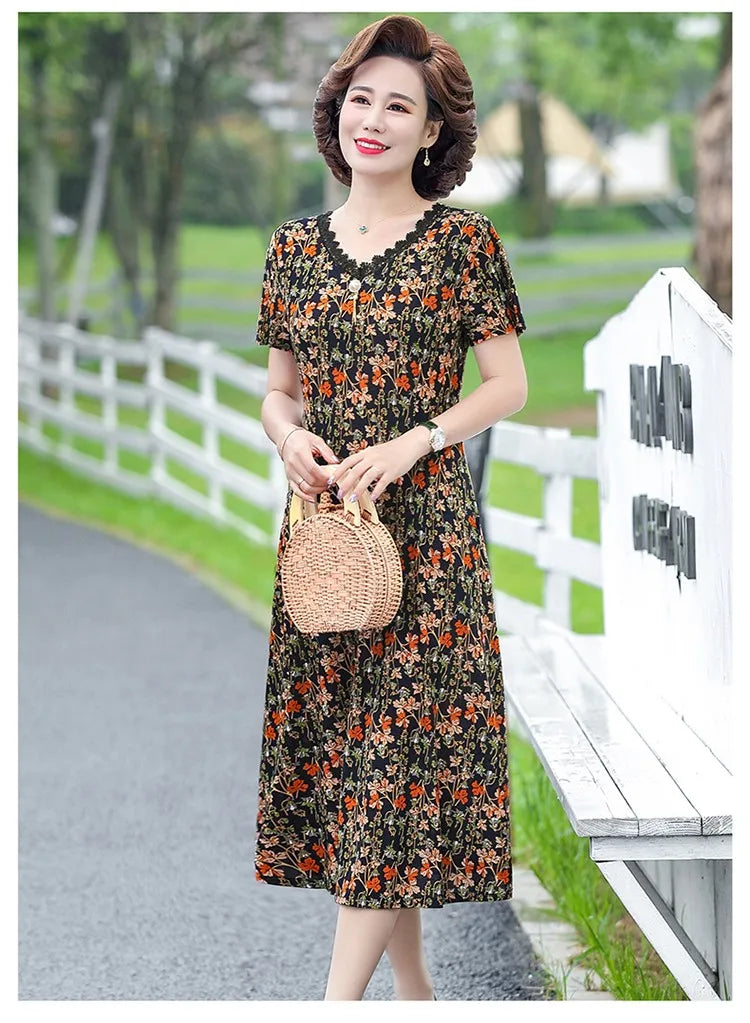 Bohemian Summer Dress With V Neck Print Vintage Midi