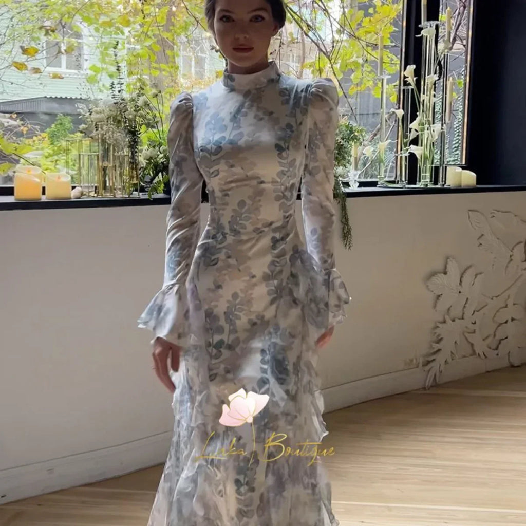 Satin Lace Up Printed Dress Long Sleeve Bodycon Evening Gown