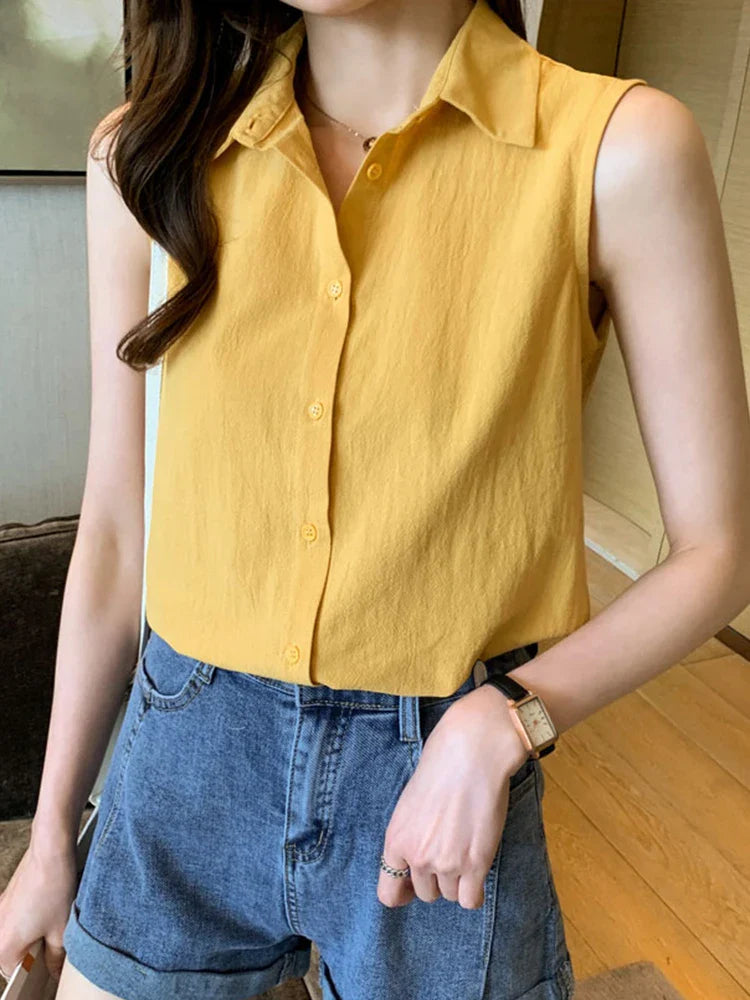 Sleeveless Turn-Down Collar Blouse for Women Elegant OL Style Workwear Shirt Lightweight Summer Top