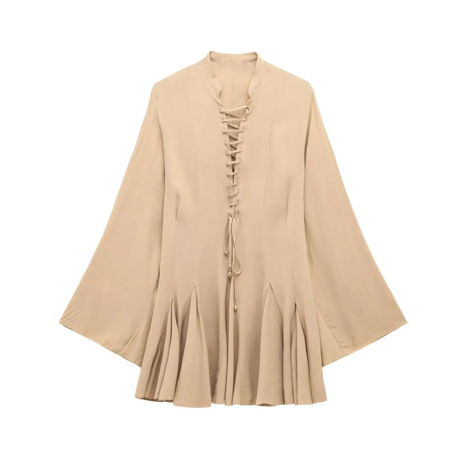 Womens Lace Up Mini Dress With Flared Sleeves Pleated