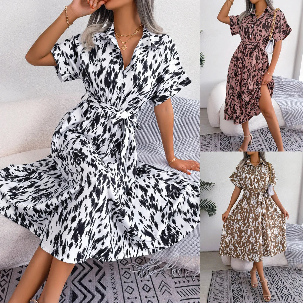 Leopard Print Shirt Dress Lace Up Casual Summer Style