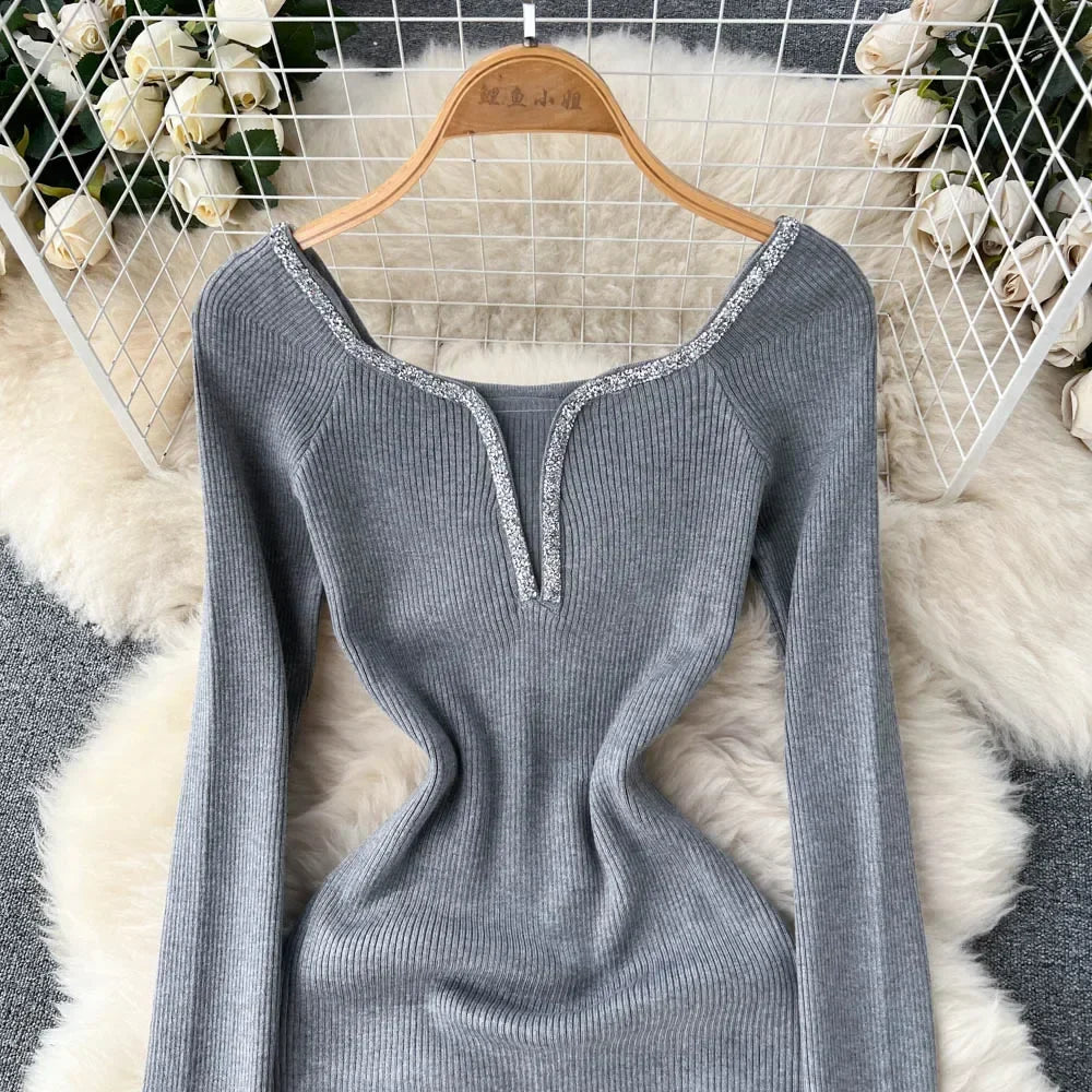 Knit Bodycon Dress For Women Long Sleeve Winter Sweater
