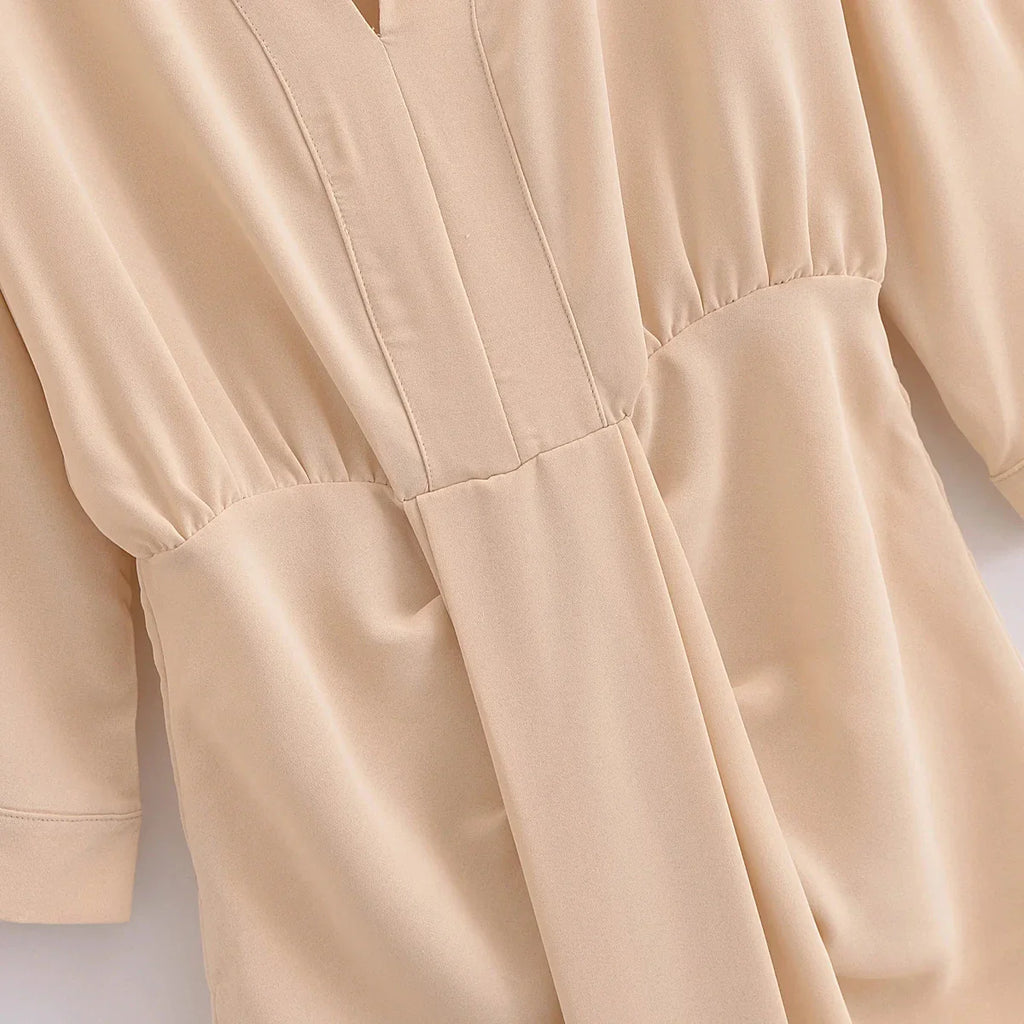 Women Elegant Solid Waist Draped V Neck Evening Dress