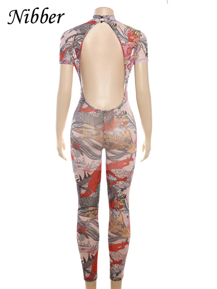 See Through Backless Dragon Print Jumpsuit for Women Short Sleeve Slim Stretch Fitness Workout Overalls Clubwear