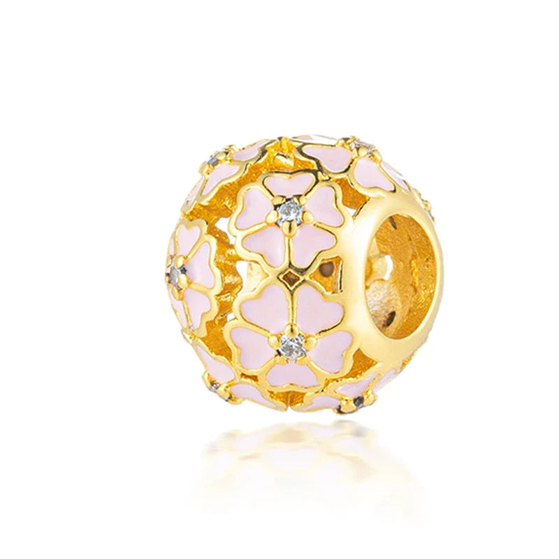 Sparkling Pink Cherry Blossom Daisy Charm Beads for 925 Silver Bracelet DIY Women's Jewelry Gifts