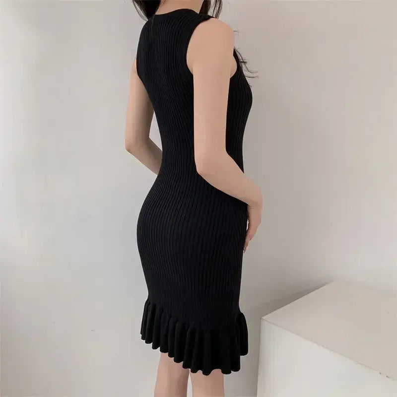 Slimming Knit Dress Sleeveless Fish Tail Leaf Design