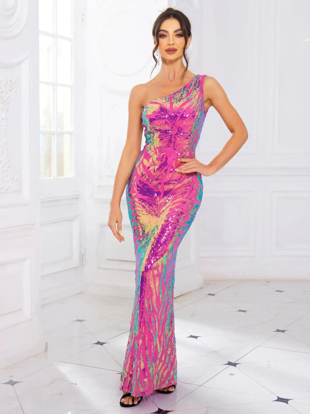 One Shoulder Sequined Maxi Dress For Party Evening Gown