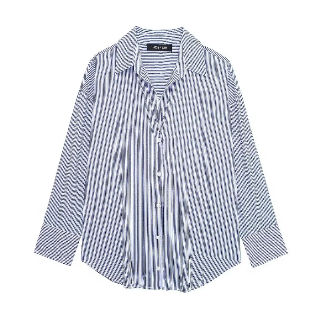 Women's Casual Striped Single Breasted Long Sleeve Lapel Blouse Elegant Solid Color Office Shirt Chic Top