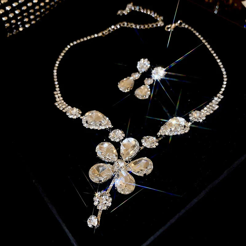 Large Water Drop Rhinestone Necklace and Earrings Set for Women Bridal Wedding Party Jewelry