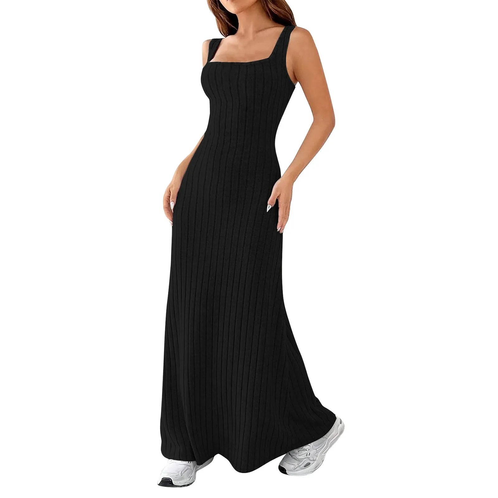 Floral Sundress For Women Pockets Square Neck Tank Dress