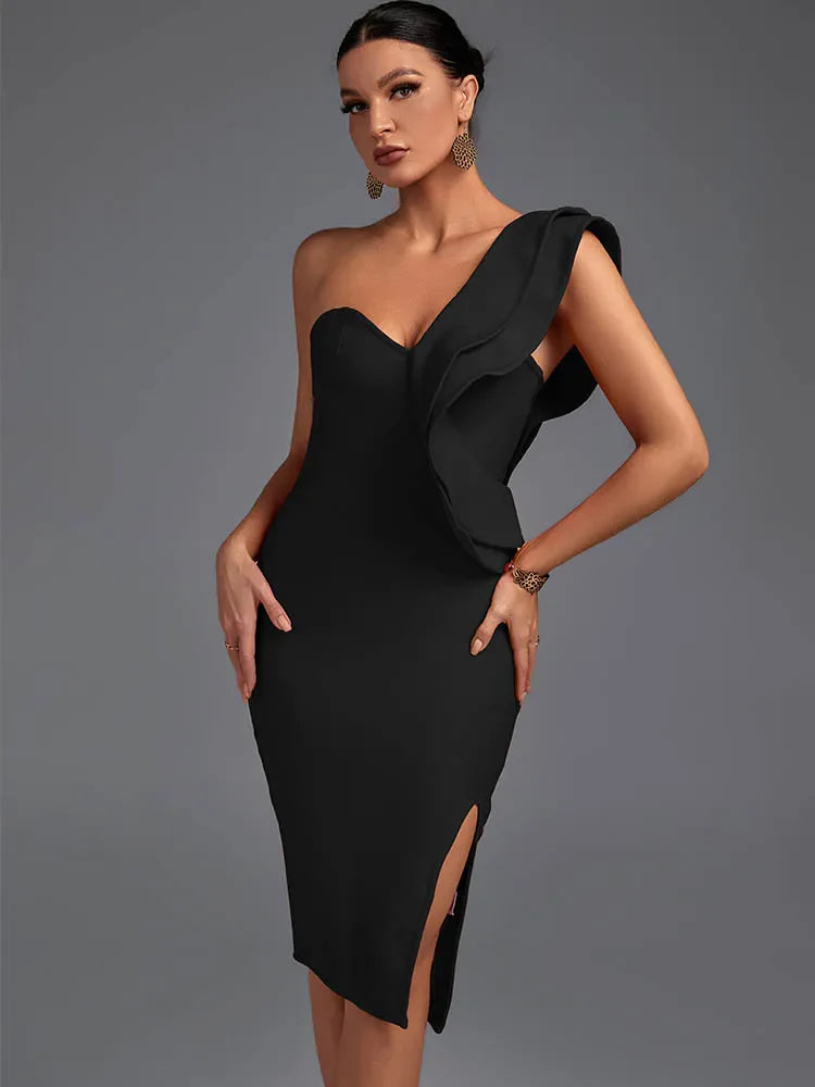 Black Ruffle Bandage Dress One Shoulder Bodycon Party Dress