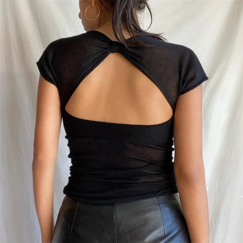 Square Collar Backless Crop Top for Women Short Sleeve Elegant Streetwear Tees