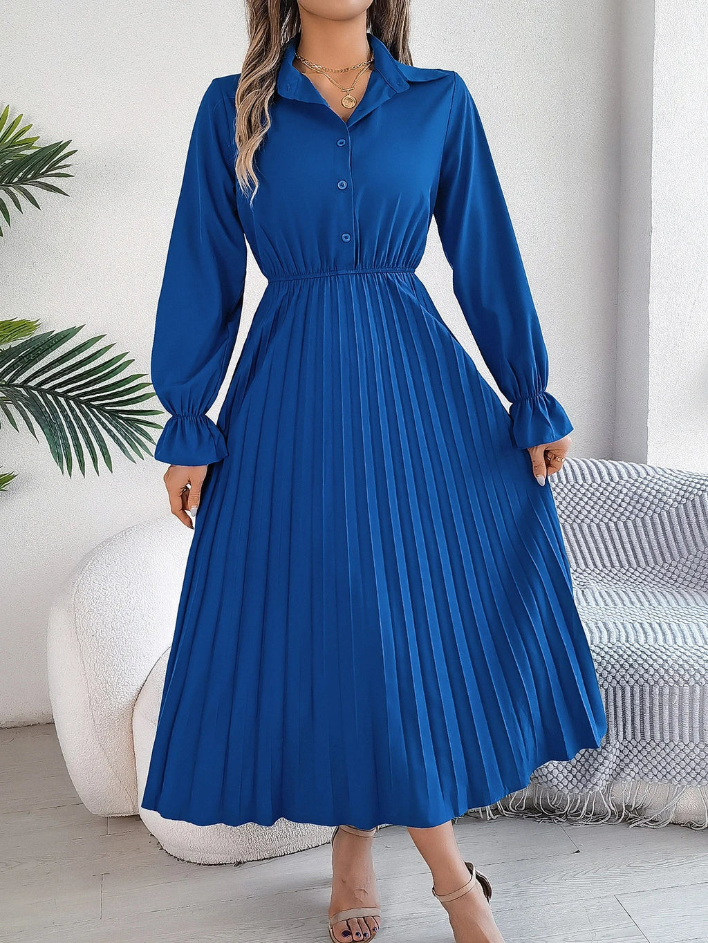 Solid Color Polo Neck Pleated Long Sleeve Dress For Women