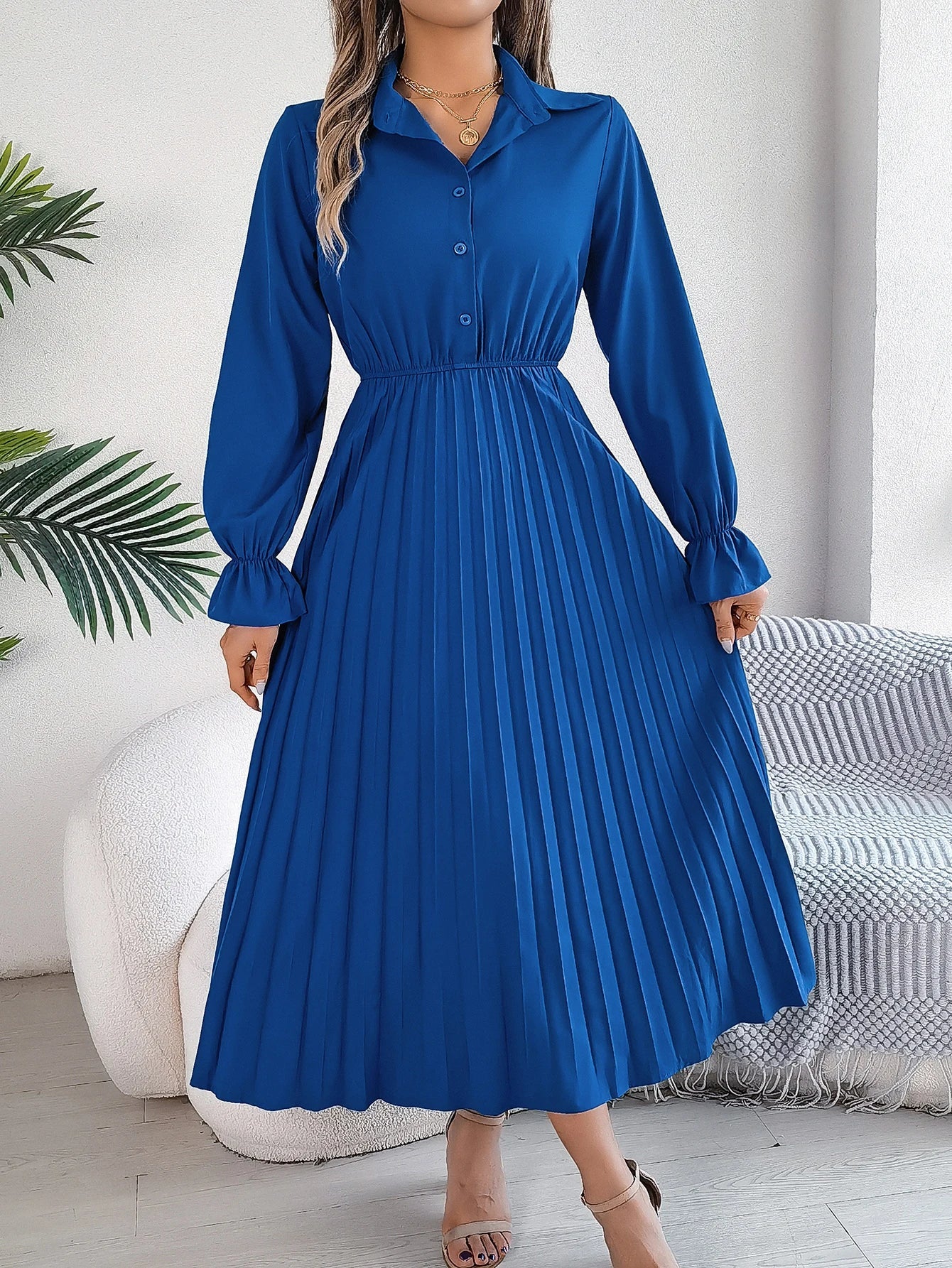 Solid Color Polo Neck Pleated Long Sleeve Dress For Women