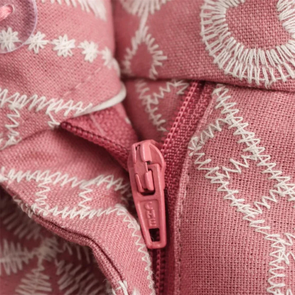 V-Neck Embroidered Kimono Style Mid-Length Windbreaker and High Waisted Straight Leg Pants Set for Women