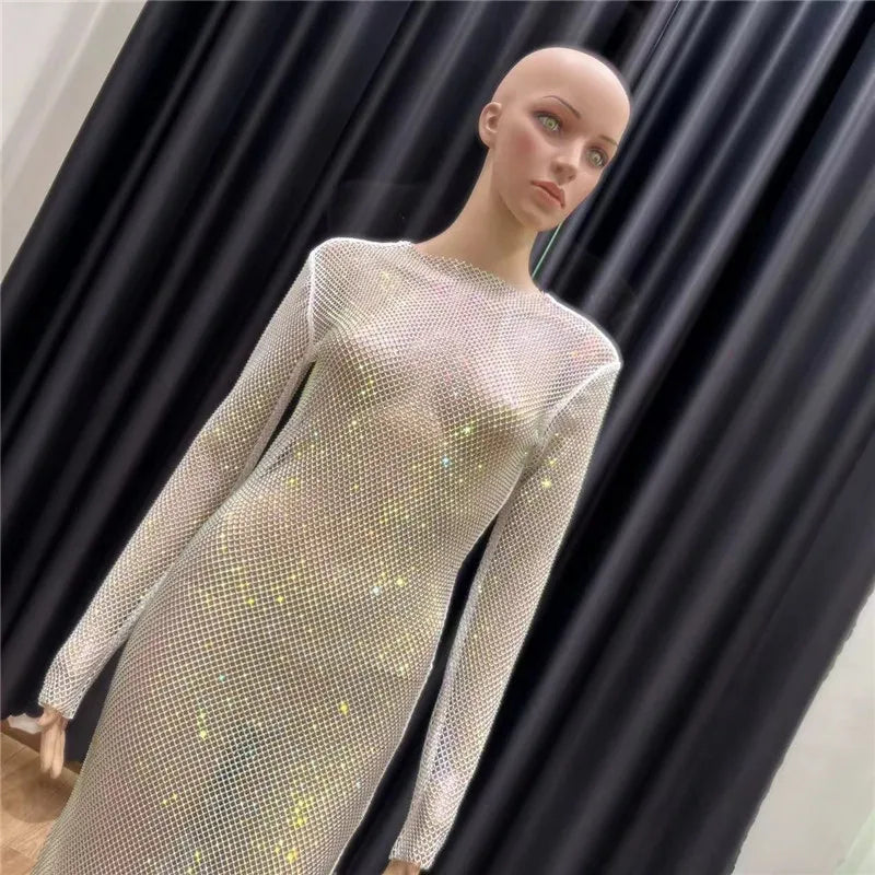 Rhinestone See Through Club Dress With Fishnet Details