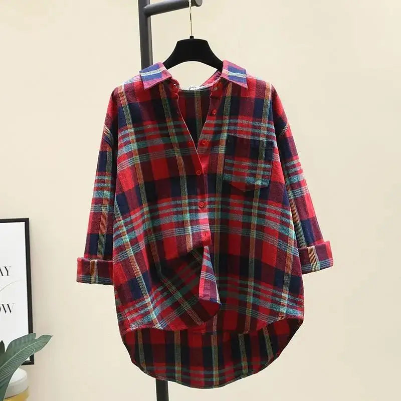 Plaid Vintage Polo Neck Long Sleeve Loose Fit Single Breasted Women's Blouse Shirt Casual Korean Style Female Top