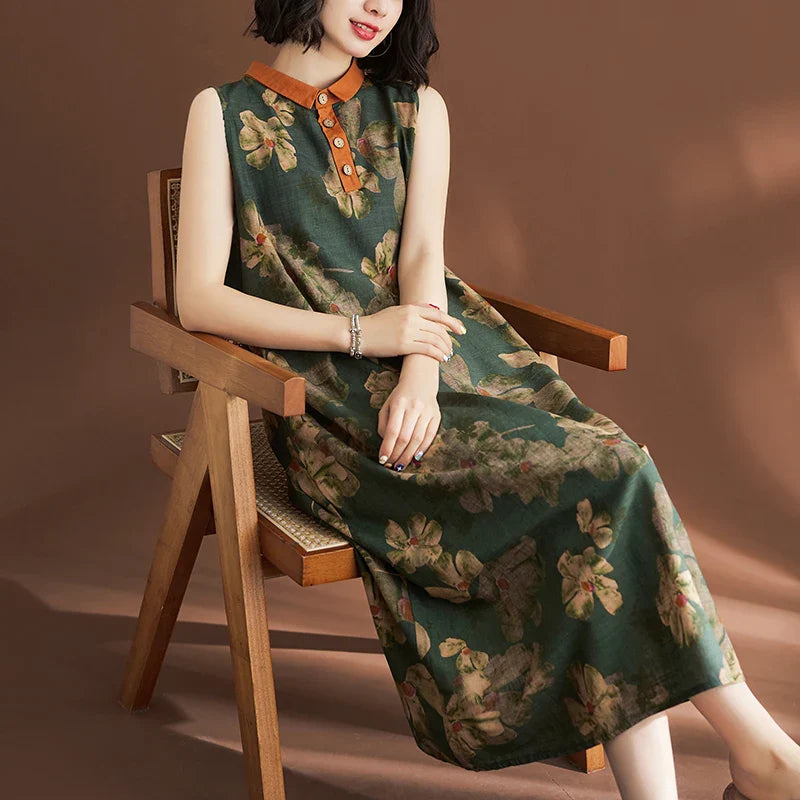 Printed Linen Sleeveless Dress for Women Summer Casual