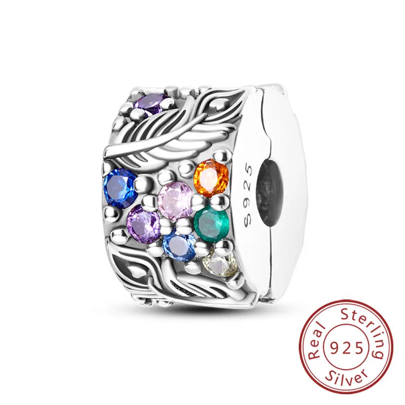 Fit Original 925 Sterling Silver Clip Charms with Zircon and Silicone Spacer Beads for Women DIY Bracelet Gift