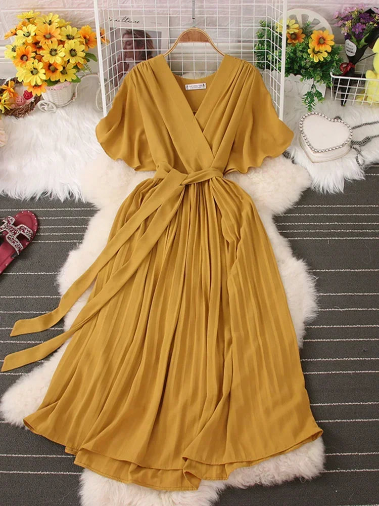 Chiffon Pleated Lace Up V Neck Dress For Women Summer