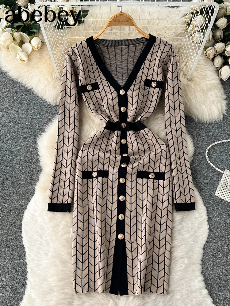 Autumn Plaid Knit Dress Women V Neck Elastic Waist Midi