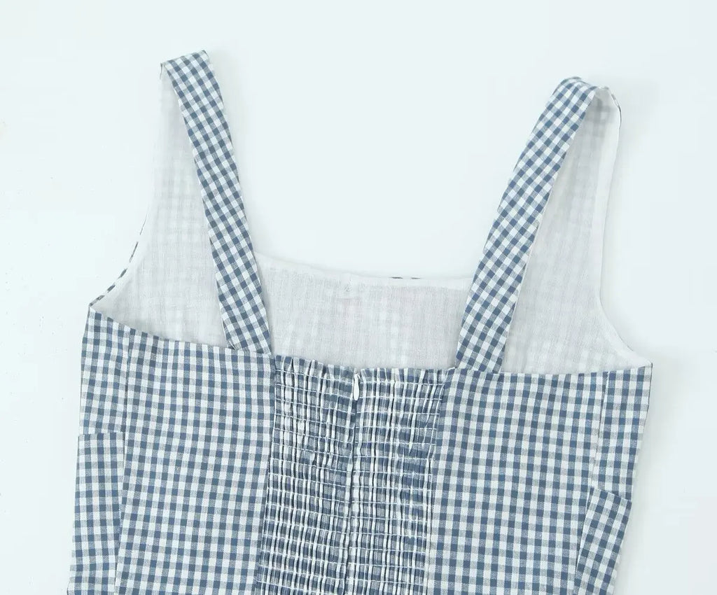 Waist Slimming Suspender Dress With Plaid Skirt Summer
