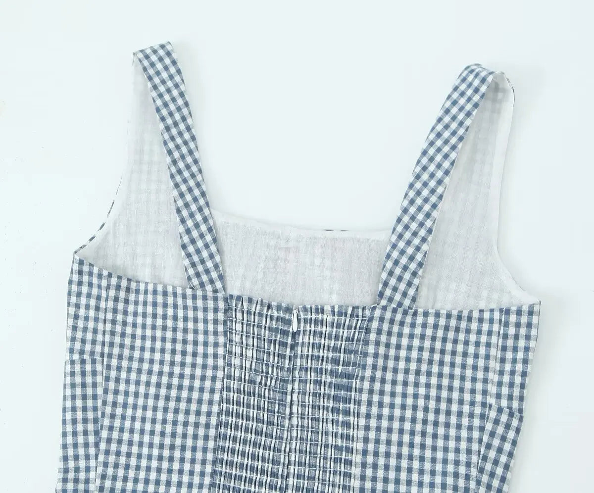 Waist Slimming Suspender Dress With Plaid Skirt Summer