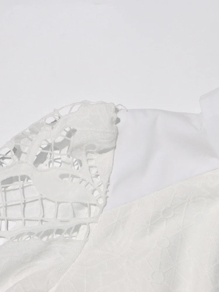 Patchwork Lace Hollow Dress Belted Lantern Sleeve For Women